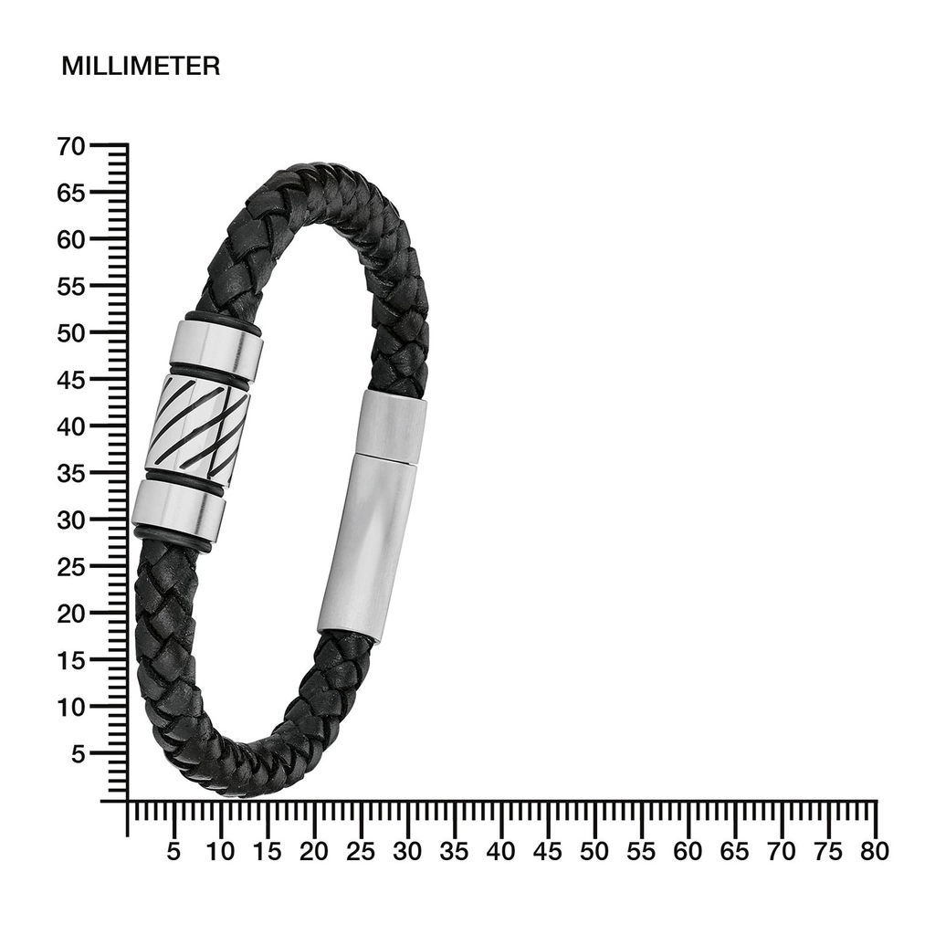 Stålarmband herr, flätat läder med mönstrad detalj - 21 cm