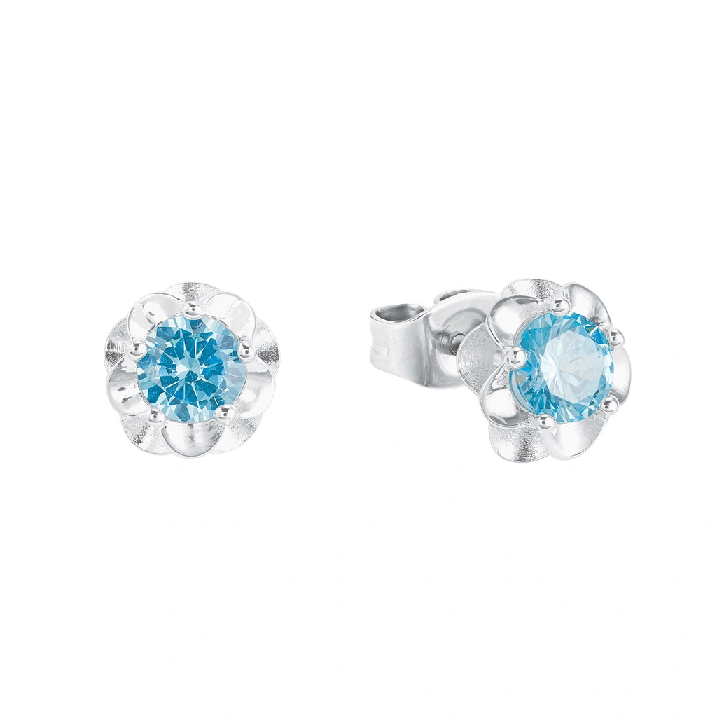 Silverörhängen, studs blomma med blå sten - 7 mm