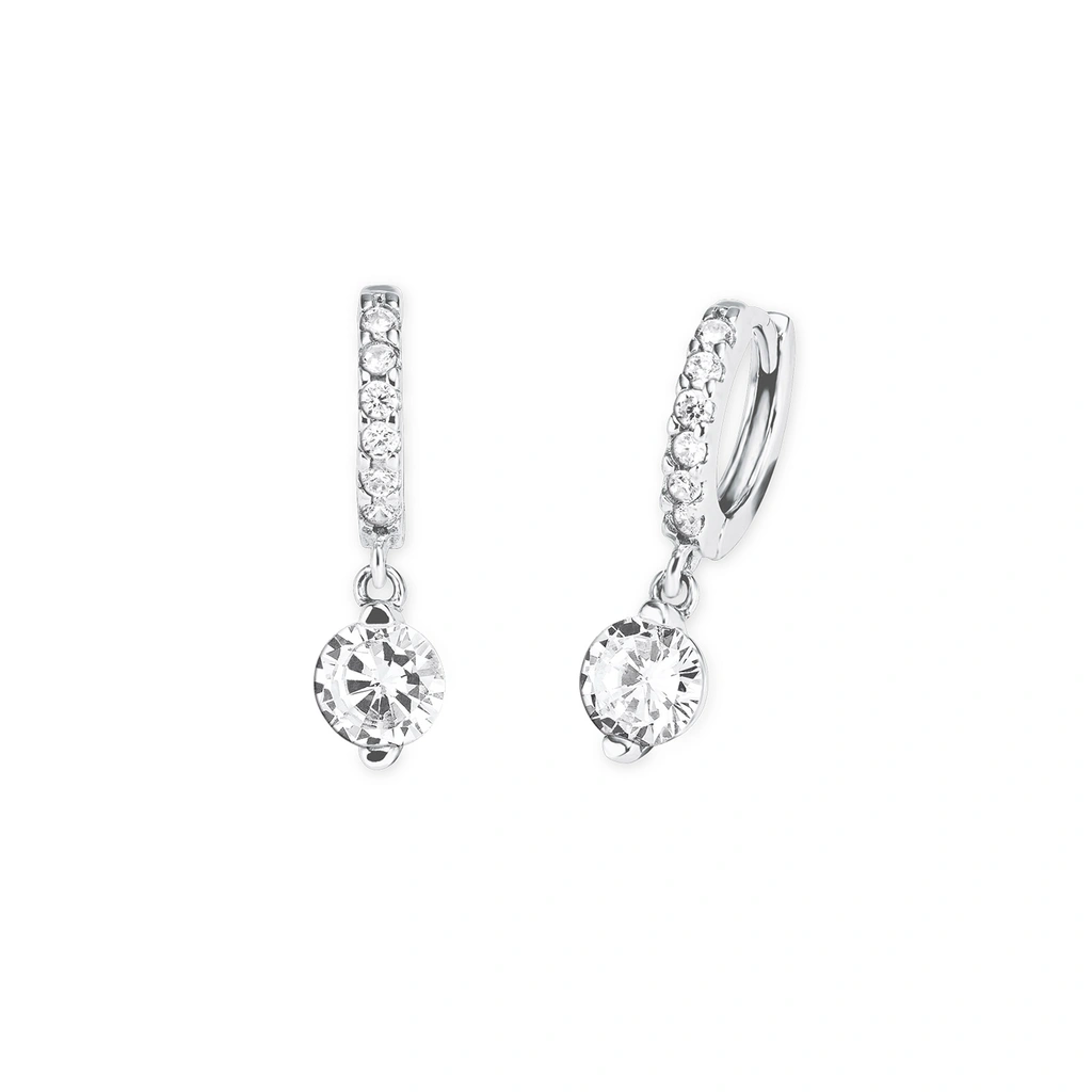 Silverörhängen, hängande runda med vita stenar - 21 mm