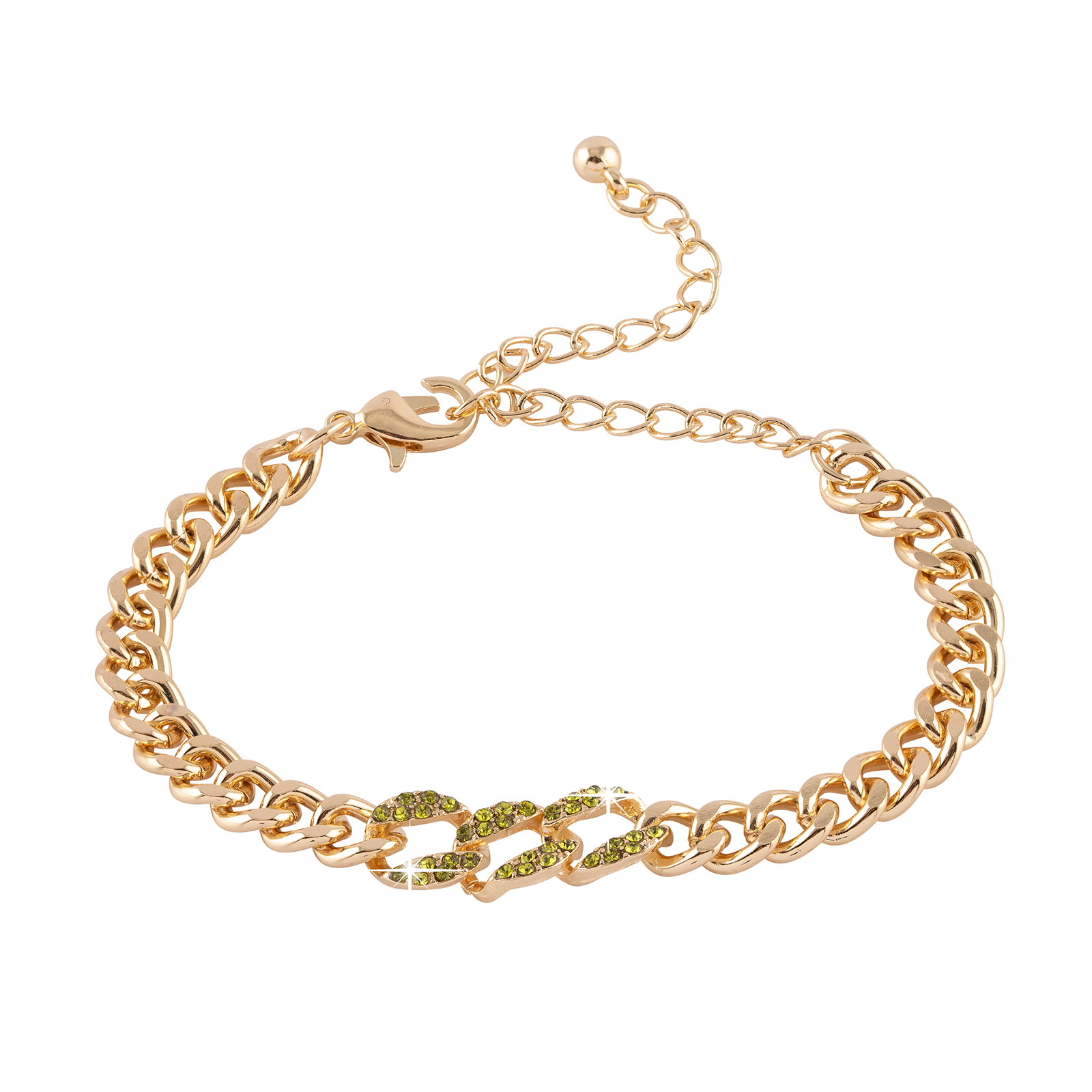 Guldfärgat armband kedja med olivfärgade stenar - 17+5 cm