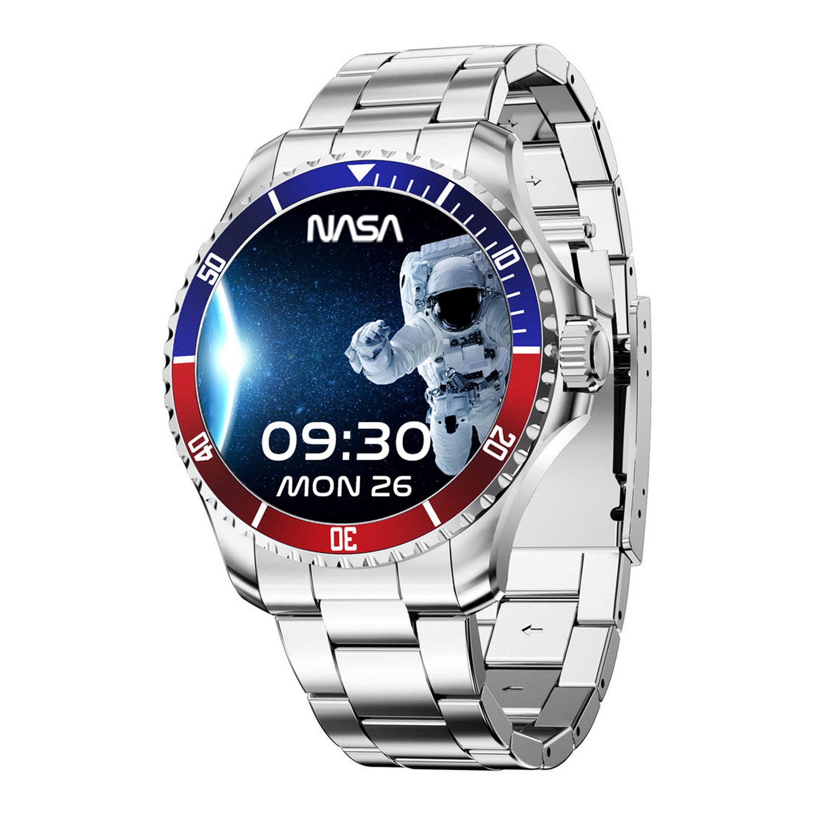 Nasa Smartwatch - metallband, stål/blå, 1,69 tum
