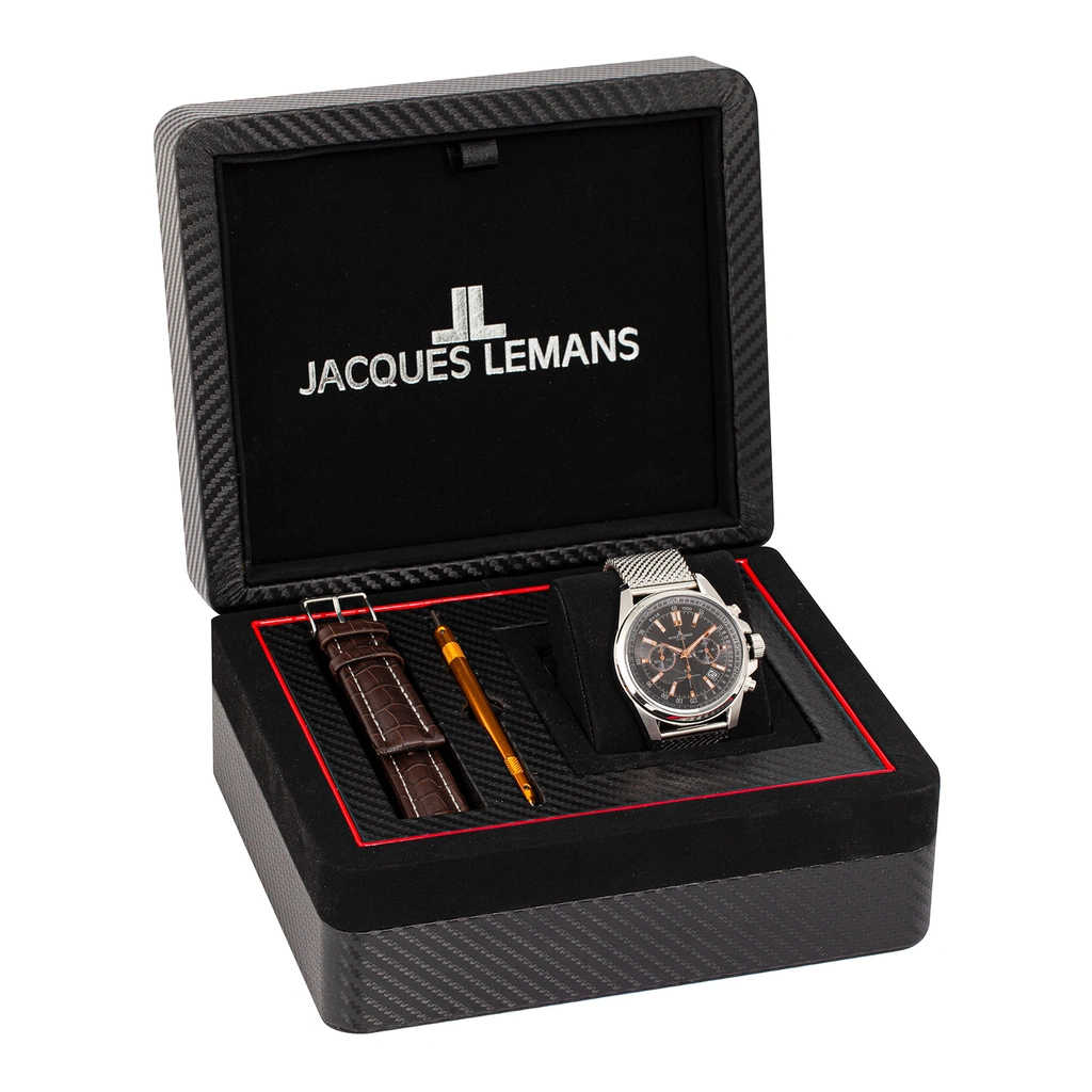 Jacques Lemans Liverpool - herr, presentset, grå mesh, 44mm