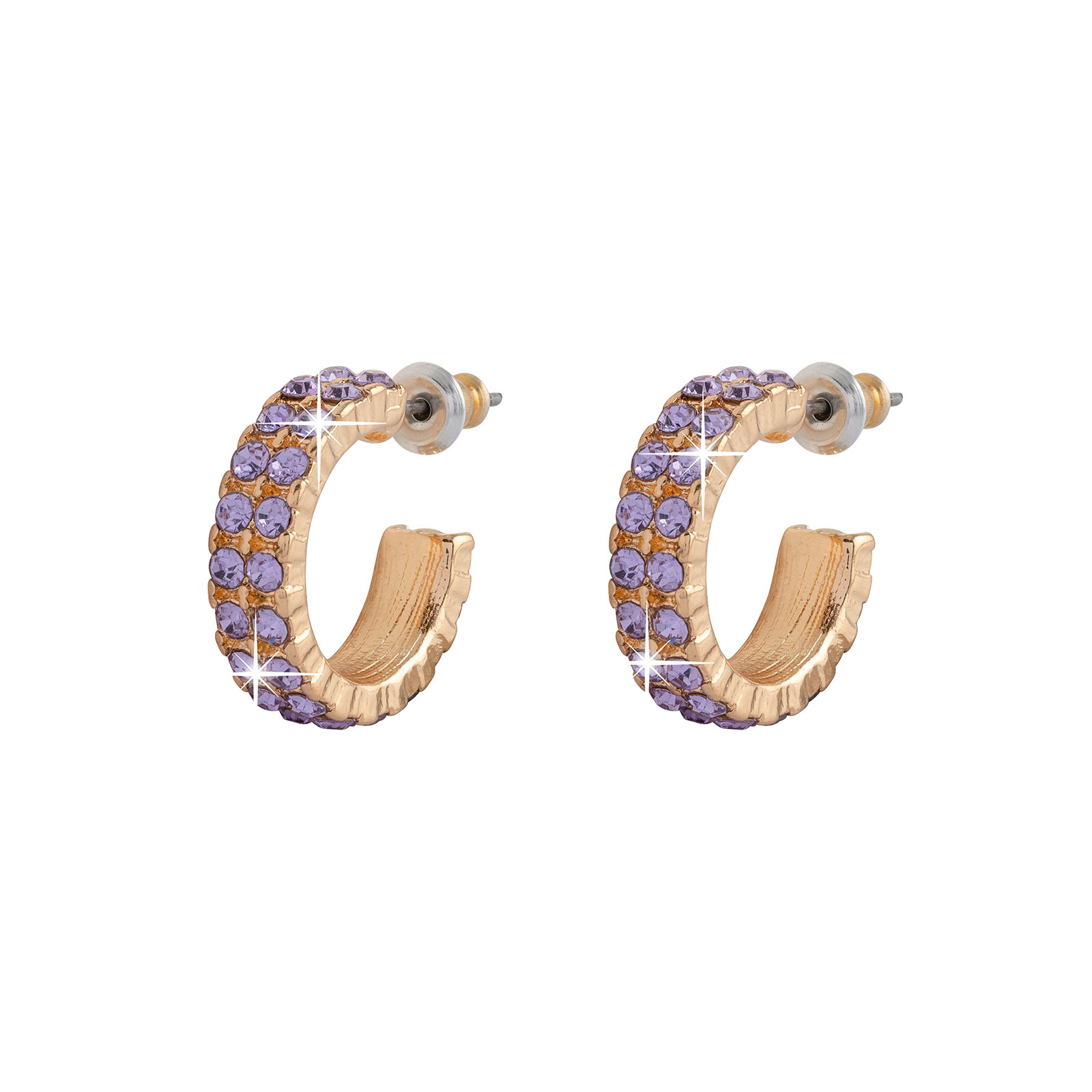 Guldfärgade örhängen lila stenar - hoops 15 mm