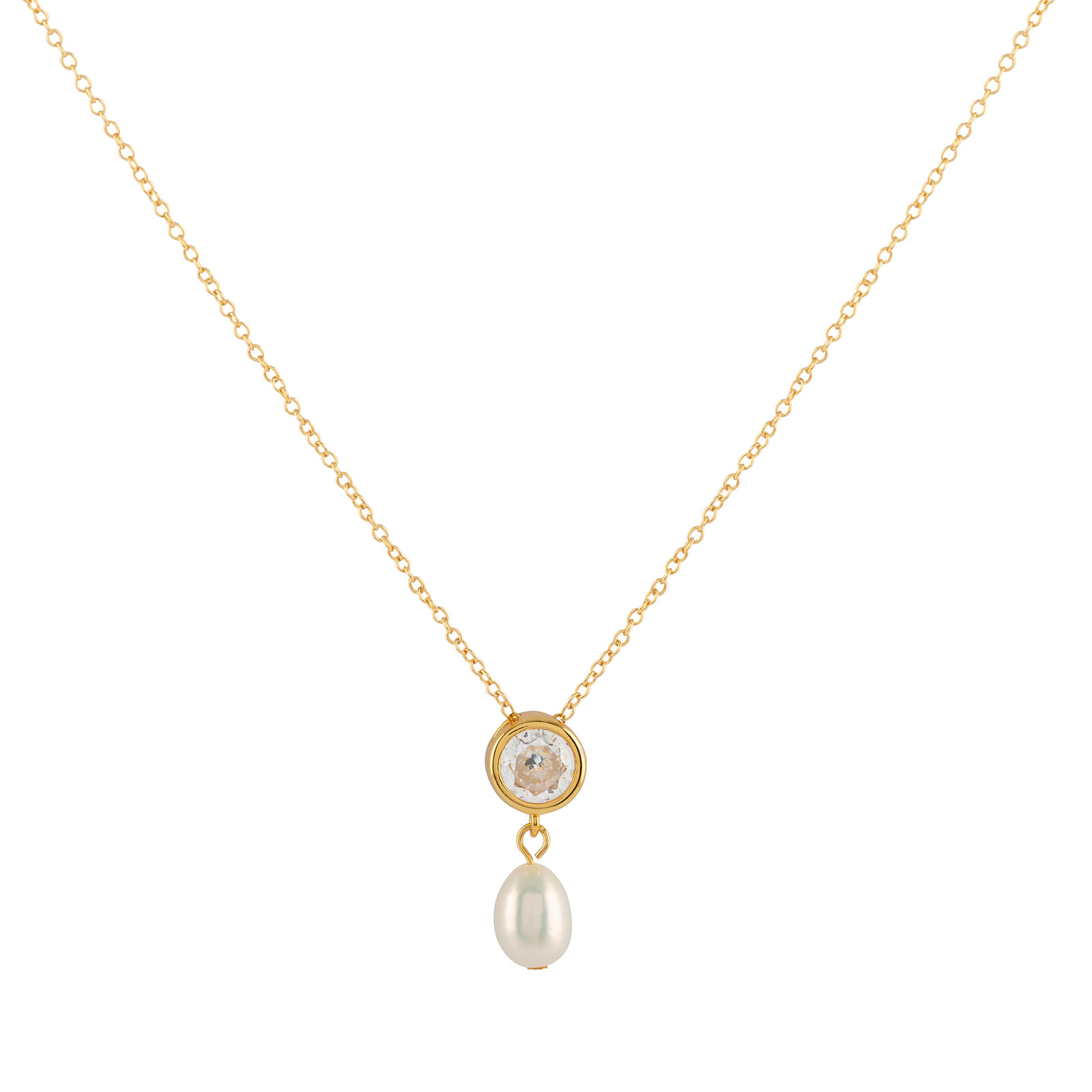 Guldpläterat silverhalsband - pärla & Kubisk Zirkonia 42+3 cm