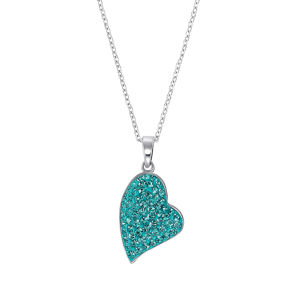 Silverhalsband, blått hjärta med vita stenar - 45 cm