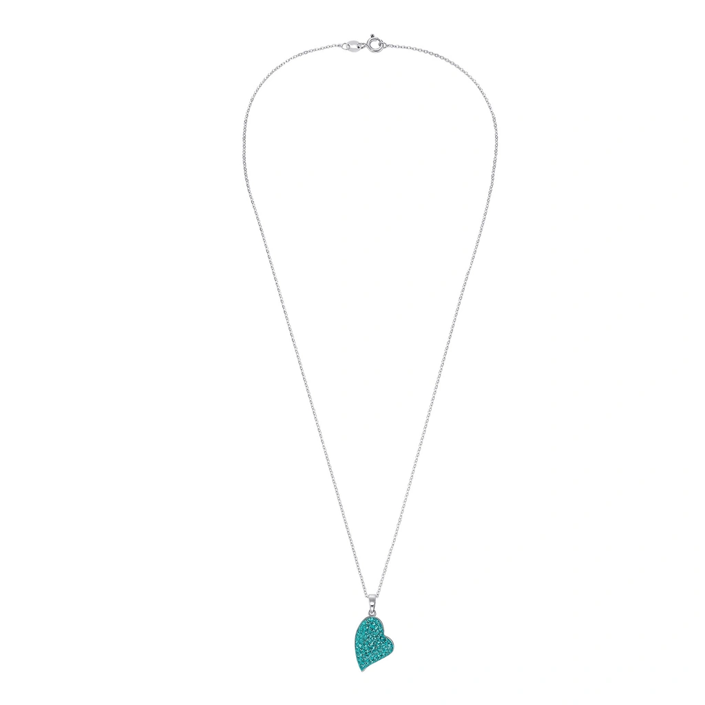Silverhalsband, blått hjärta med vita stenar - 45 cm