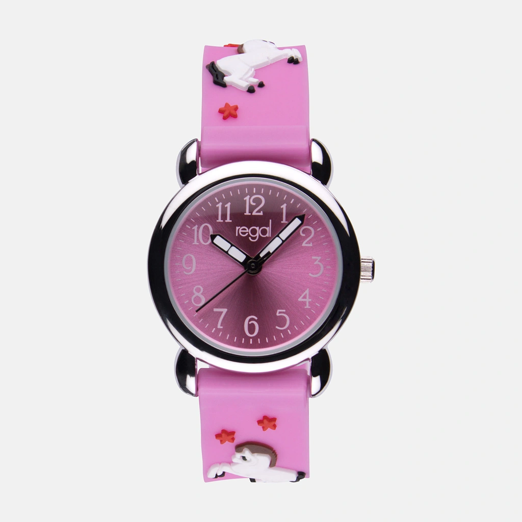 Regal barnklocka - rosa gummiband,  hästar, 27 mm