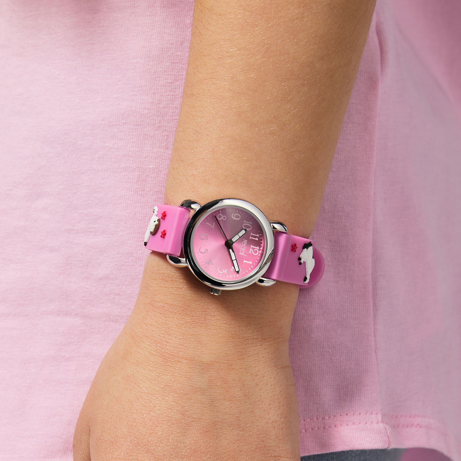 Regal barnklocka - rosa gummiband,  hästar, 27 mm