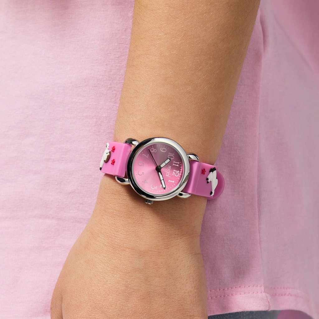 Regal barnklocka - rosa gummiband,  hästar, 27 mm