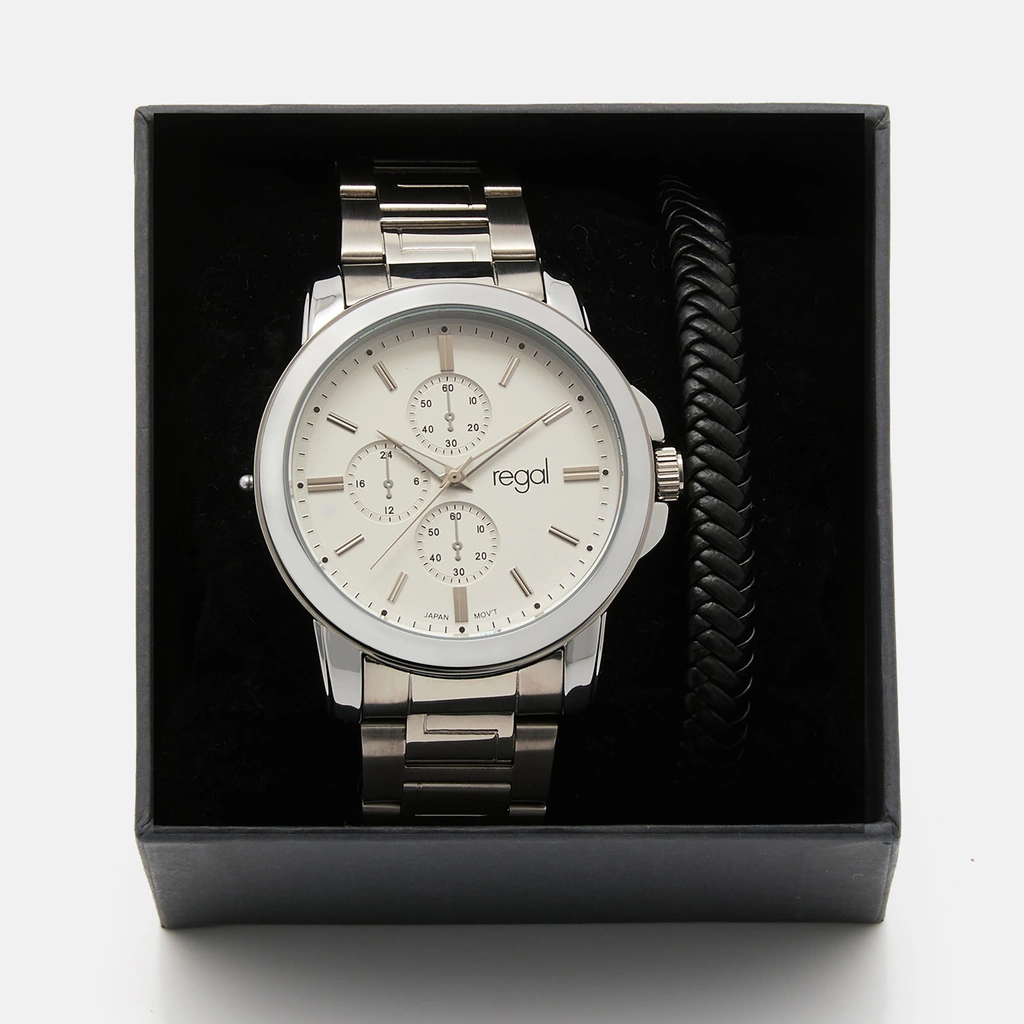 Regal klockset herr -  metallband, silverton/vit, 45mm