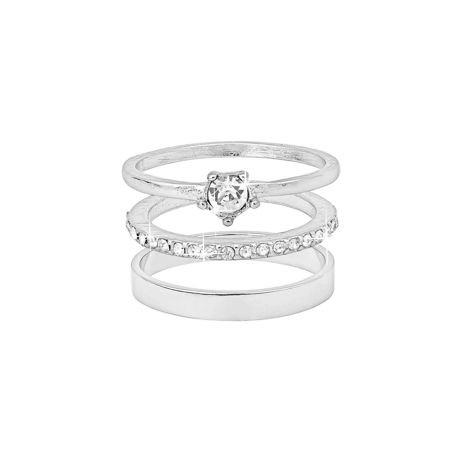 3-pack silverfärgade ringar - vita stenar & släta