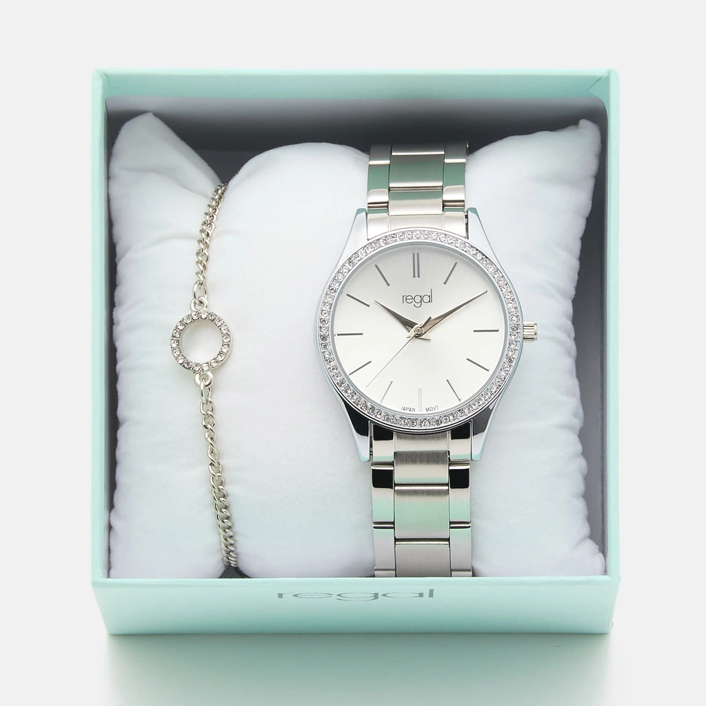Regal klockset dam - metallband, silverton/vit, 34mm