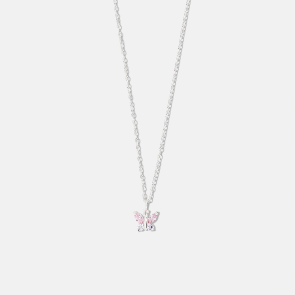 Silverhalsband för barn - rosa/lila fjäril, 36+2 cm
