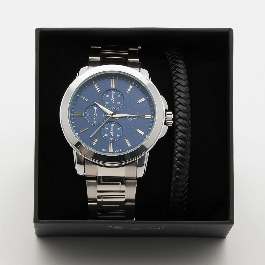 Regal klockset herr -  metallband, silverton/blå, 45mm