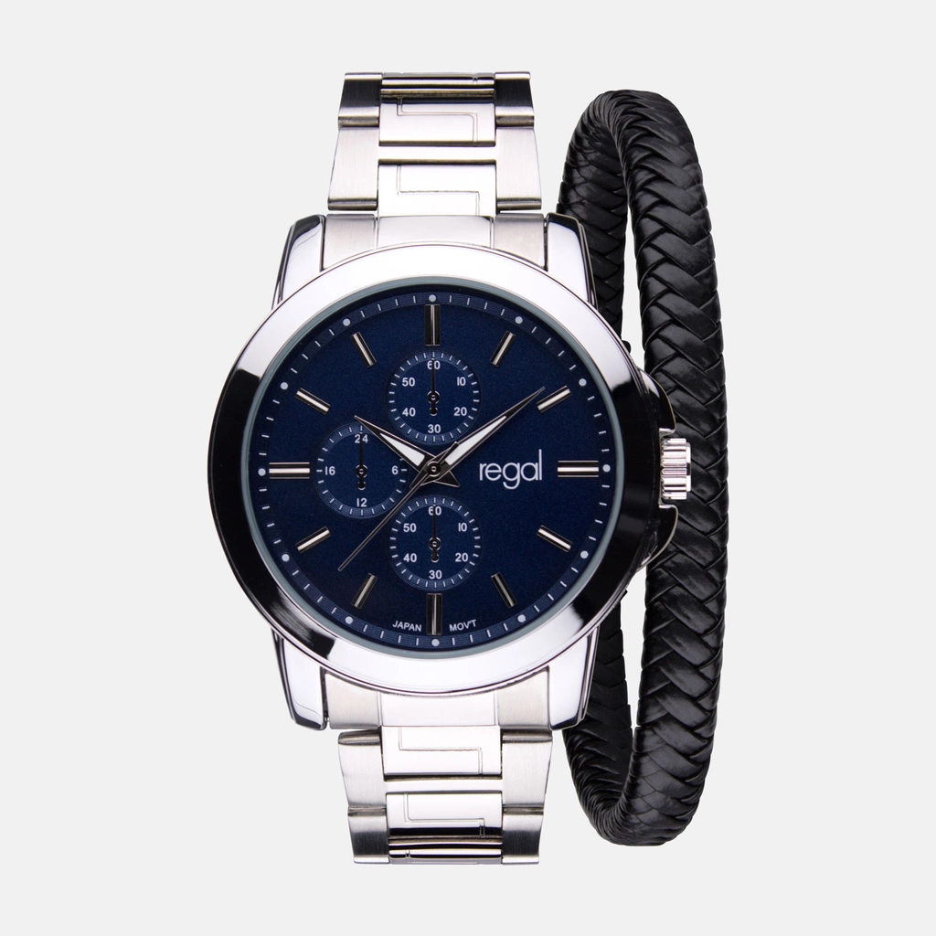 Regal klockset herr -  metallband, silverton/blå, 45mm