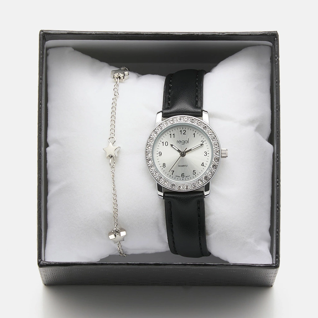 Svart barnklocka och armband i presentask