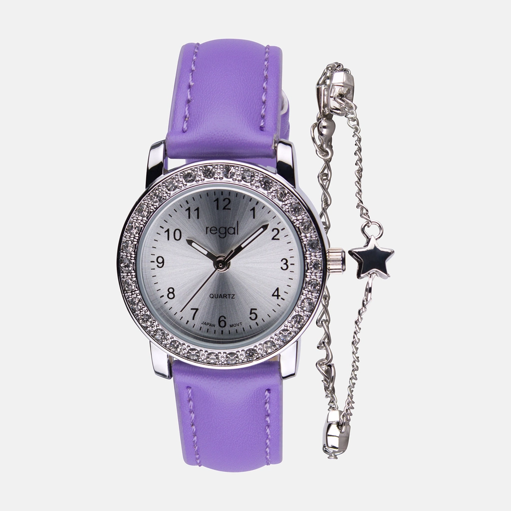 Lila barnklocka och armband i presentask