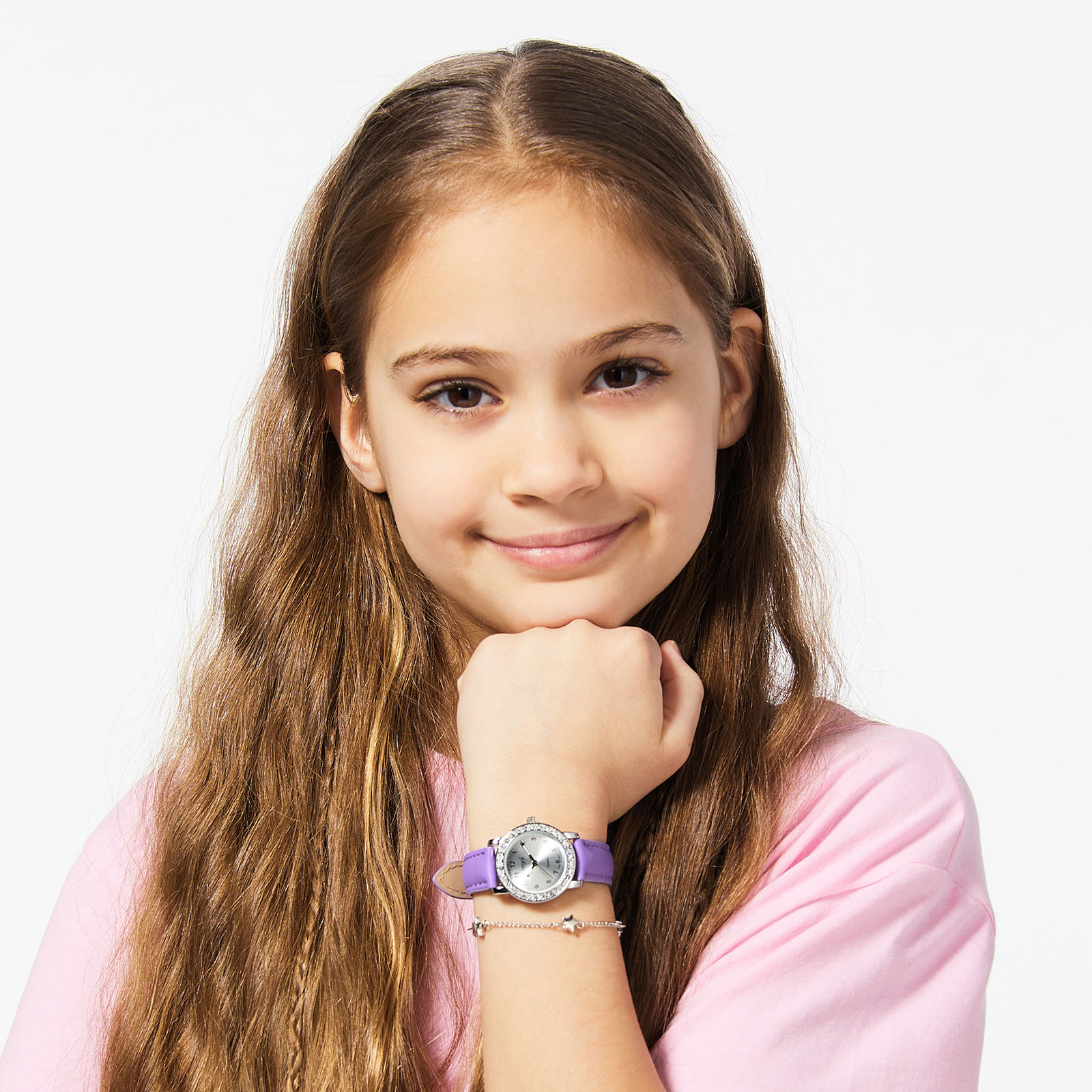 Lila barnklocka och armband i presentask