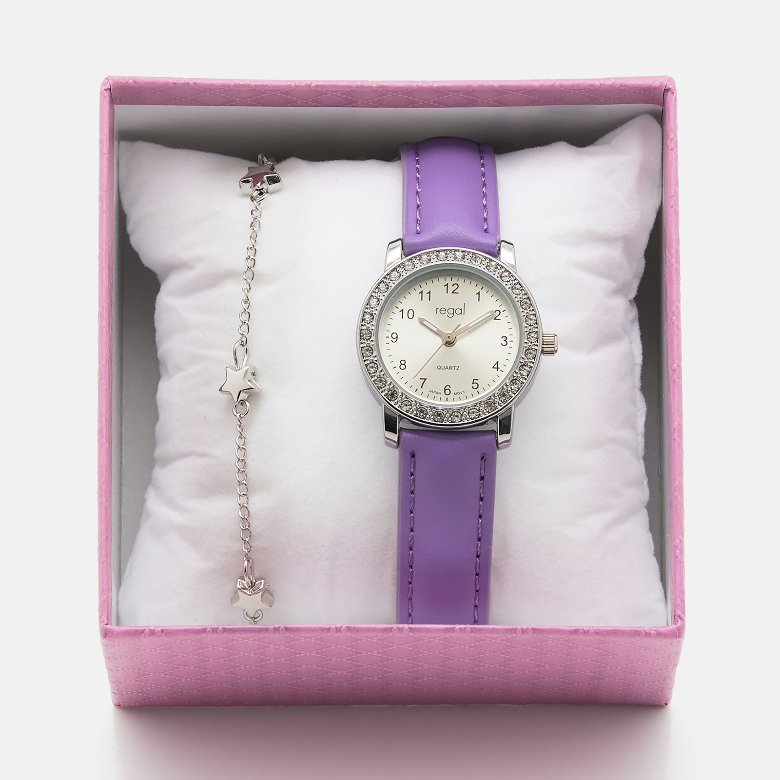 Lila barnklocka och armband i presentask