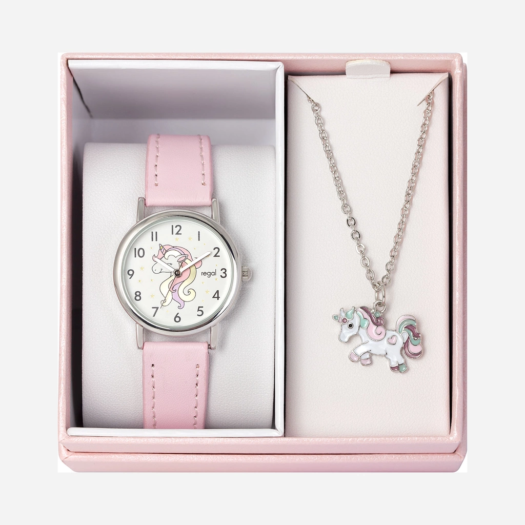Barnset ljusrosa klocka & halsband enhörning