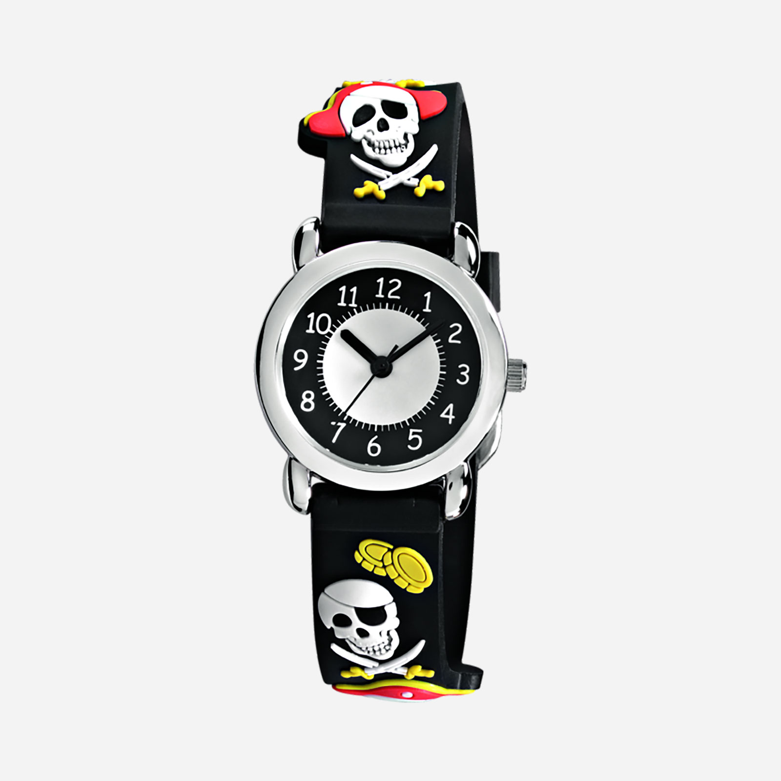 Regal barnklocka - svart gummiband, döskallar 27 mm