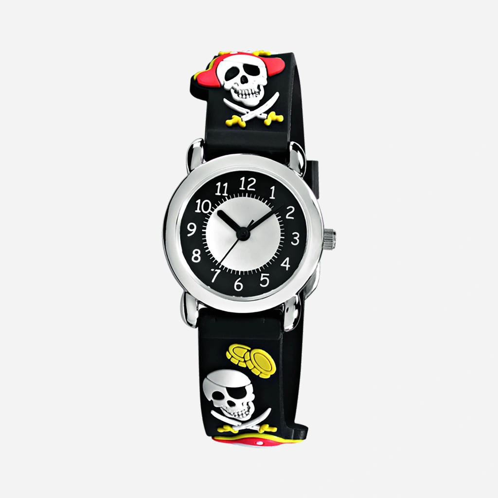 Regal barnklocka - svart gummiband, döskallar 27 mm