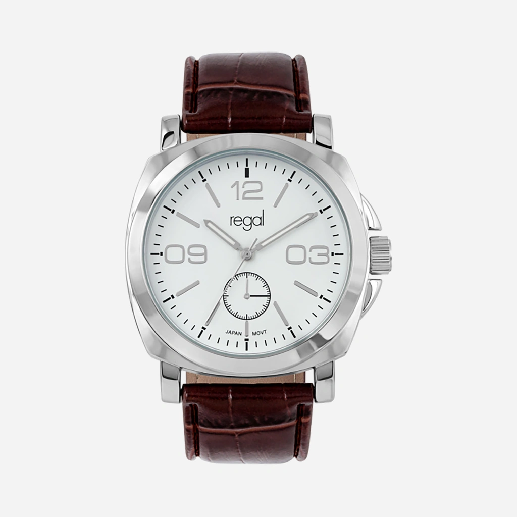 Regal herrklocka - brunt band, silver/vit, 40 mm