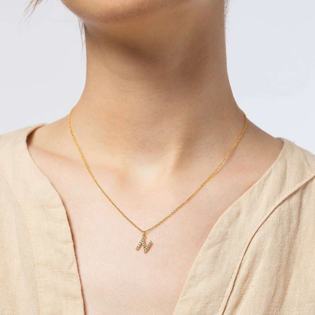 Guldpläterat halsband bokstav N - 42+3 cm