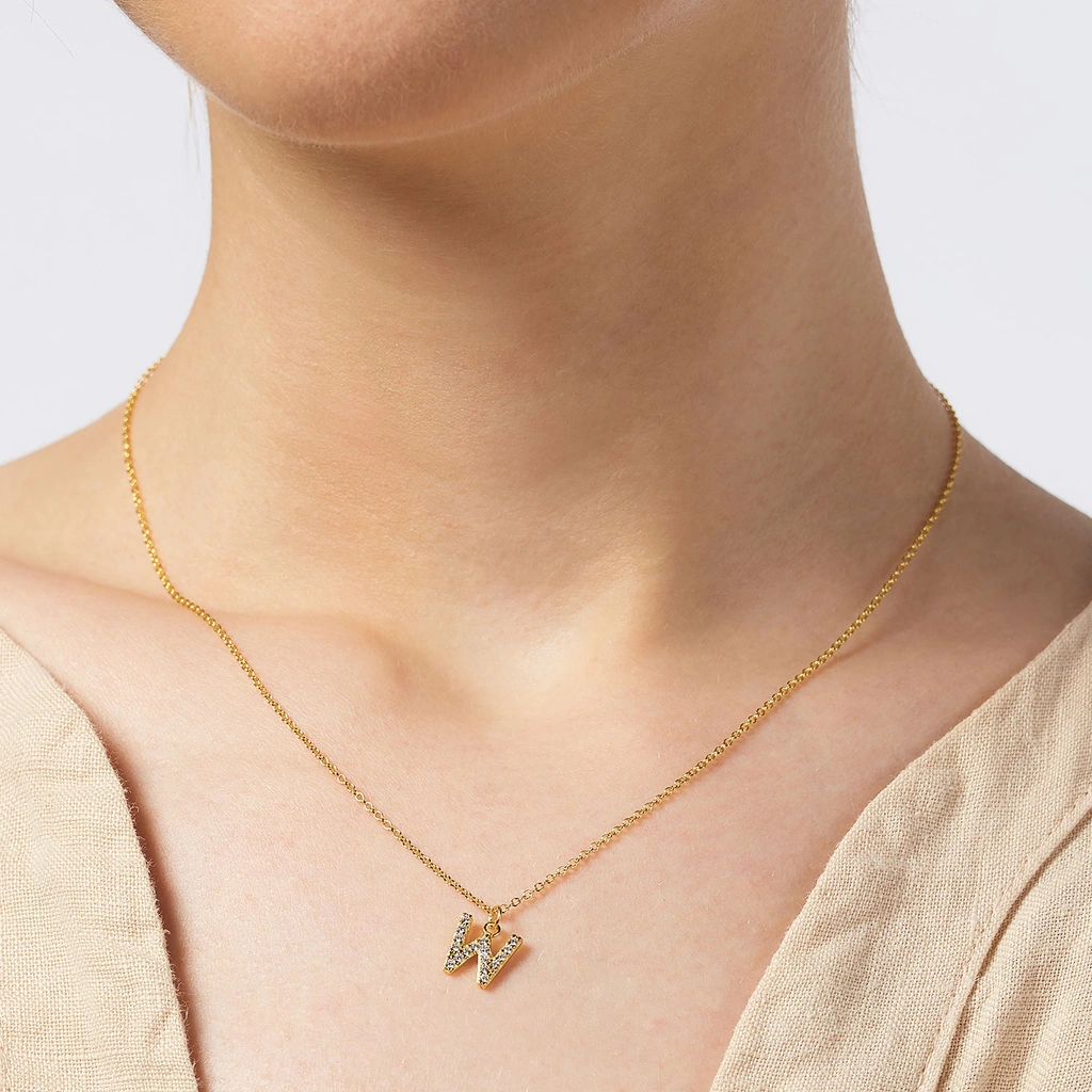Guldpläterat halsband bokstav W - 42+3 cm