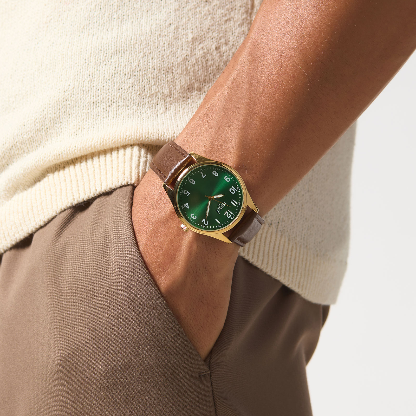 Regal herrklocka -  brunt band, guldton/grön, 40mm