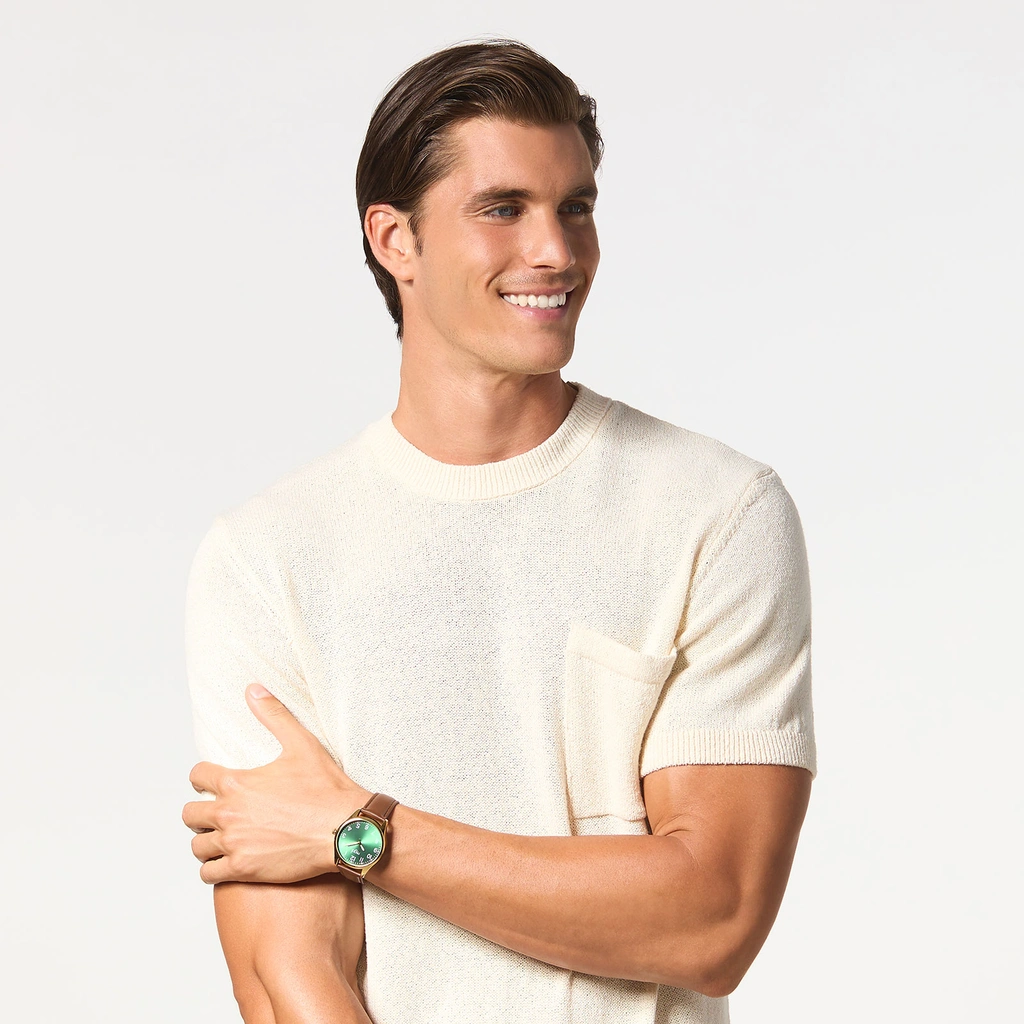 Regal herrklocka -  brunt band, guldton/grön, 40mm