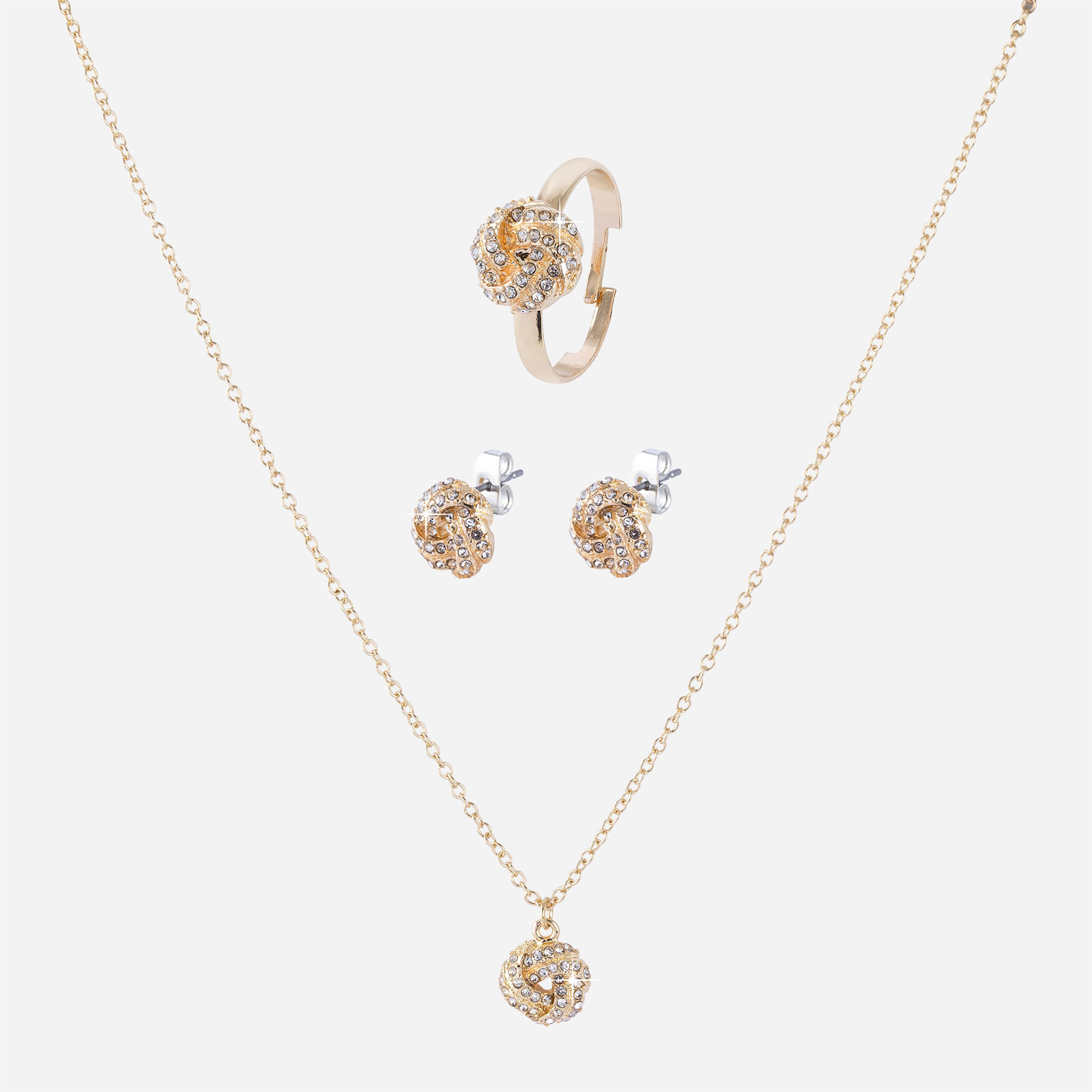 Guldfärgat smyckeset - ring, örhängen & halsband