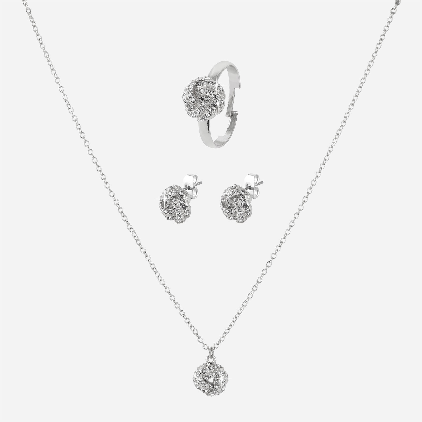 Silverfärgat smyckeset - ring, örhängen & halsband