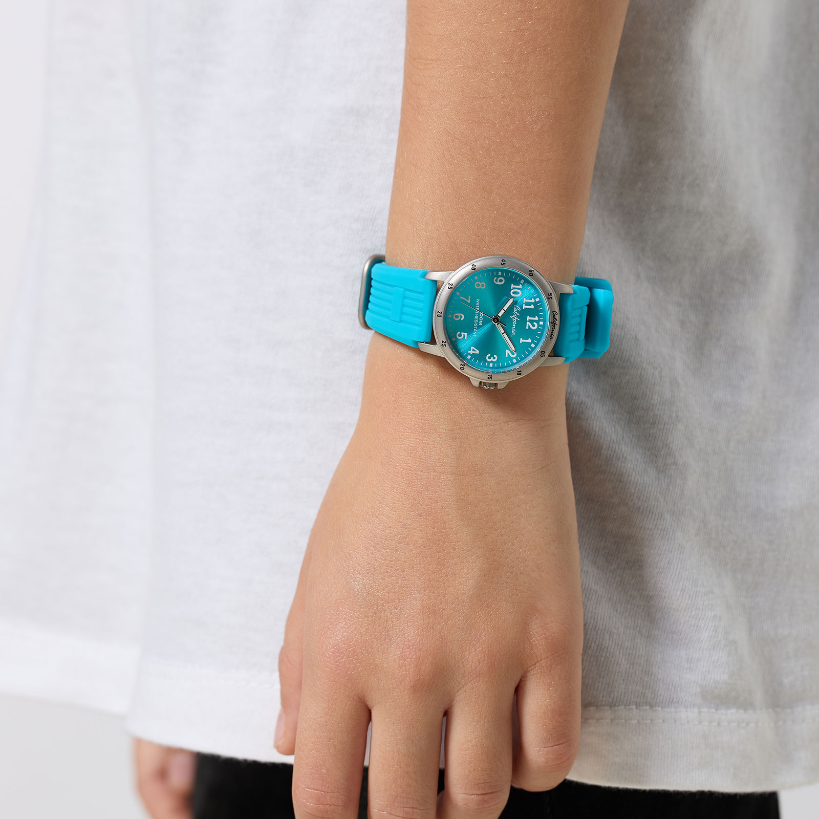 California barnklocka - gummiband, turkos, 28 mm