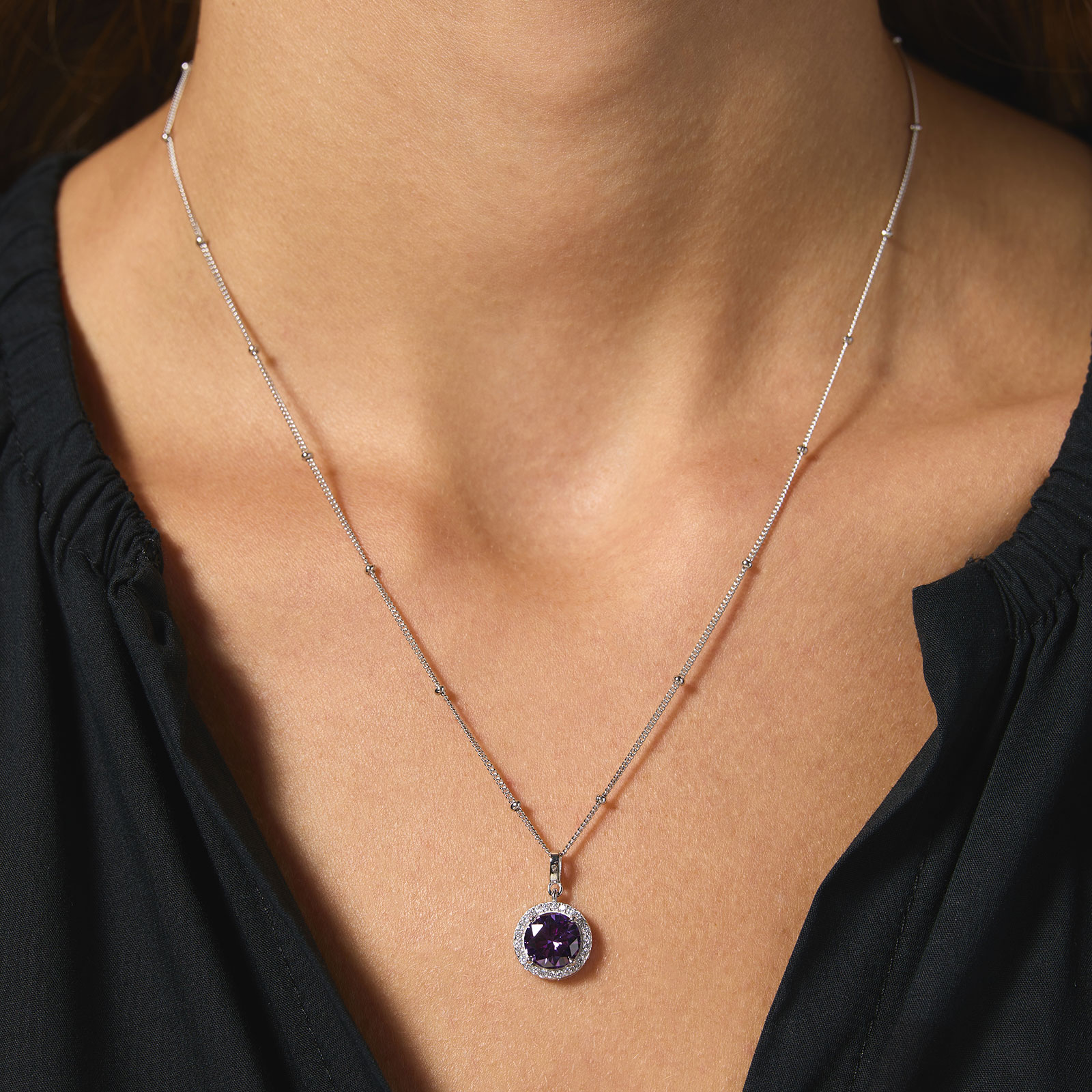 Halsband äkta silver - månadsten Februari, 42+3cm