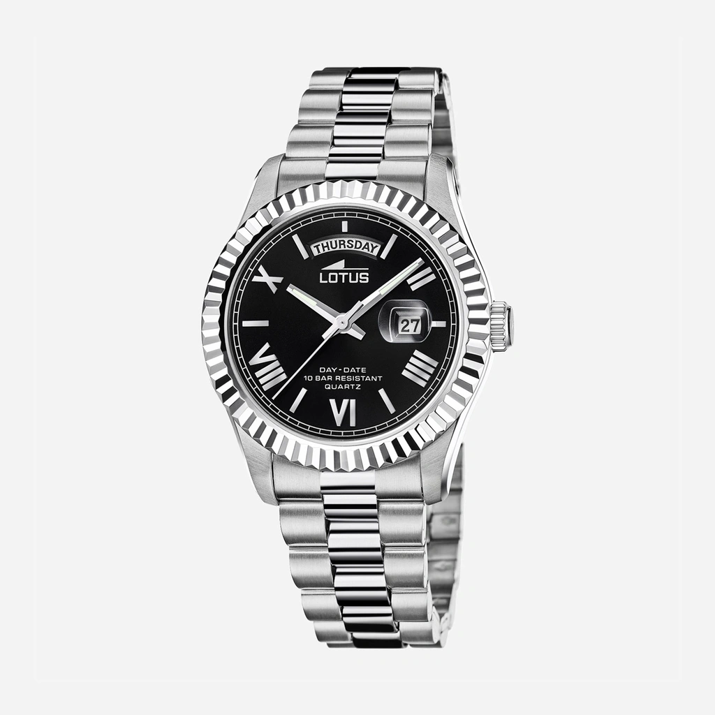 Lotus herrklocka -  dag/datum,  stål/svart, 41,5 mm