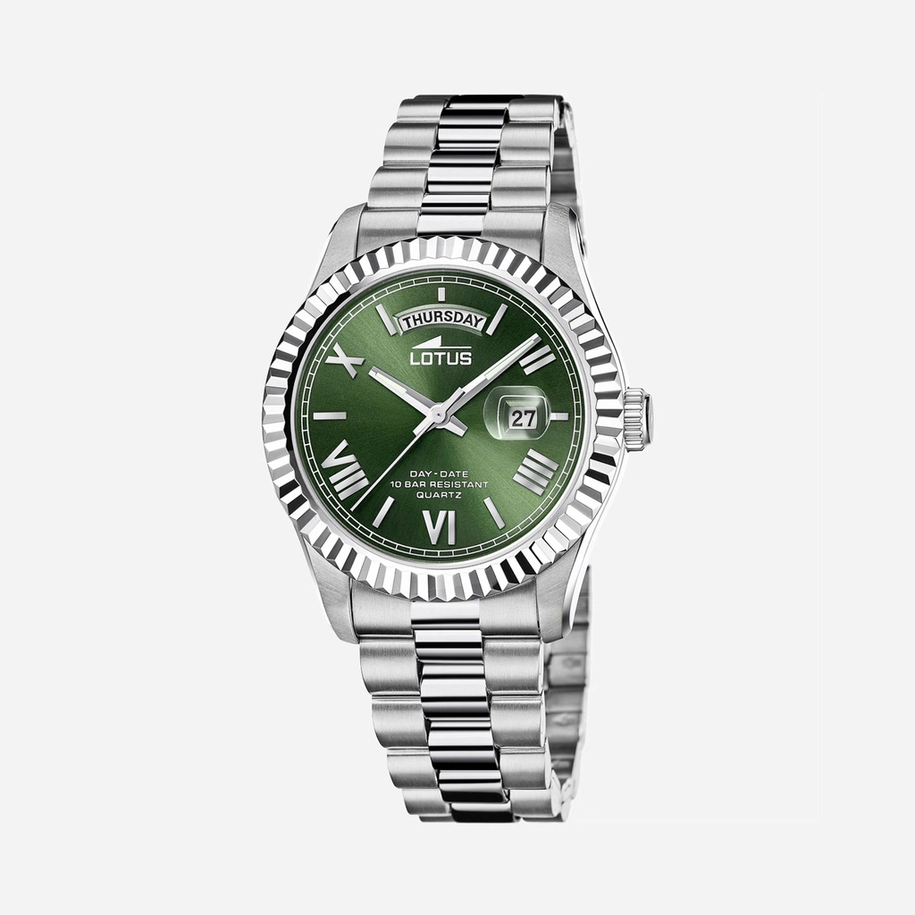Lotus herrklocka -  dag/datum, stål/grön, 41,5 mm
