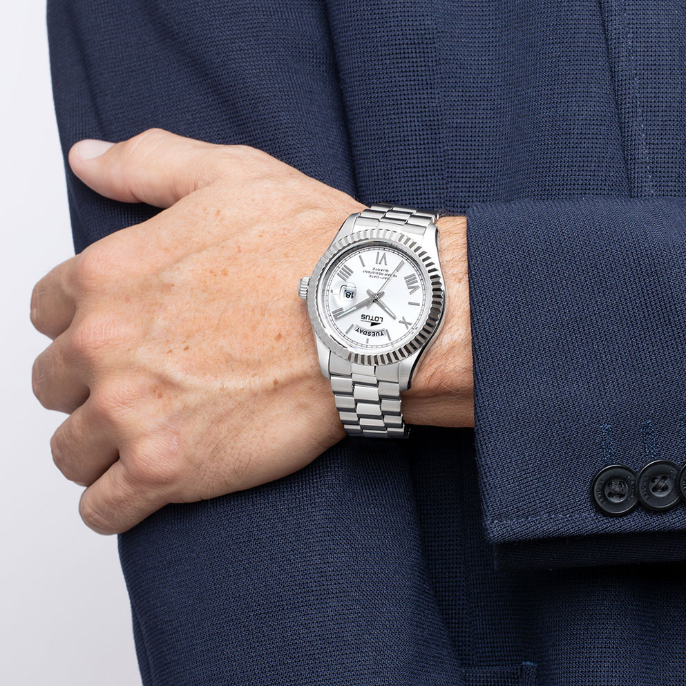 Lotus herrklocka -  dag/datum, stål/vit, 41,5 mm