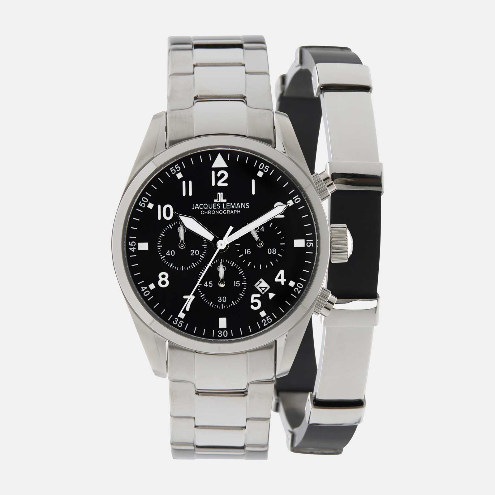 Jacques Lemans Sport - set herrklocka stål/svart, 42mm
