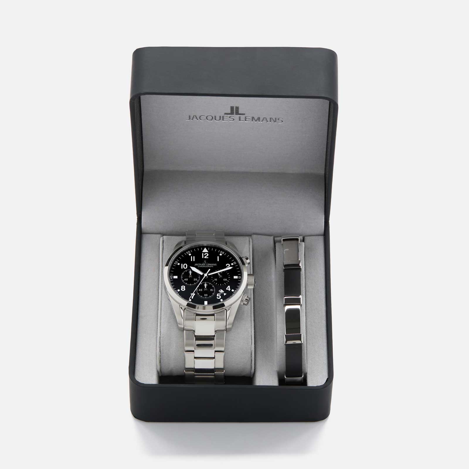 Jacques Lemans Sport - set herrklocka stål/svart, 42mm