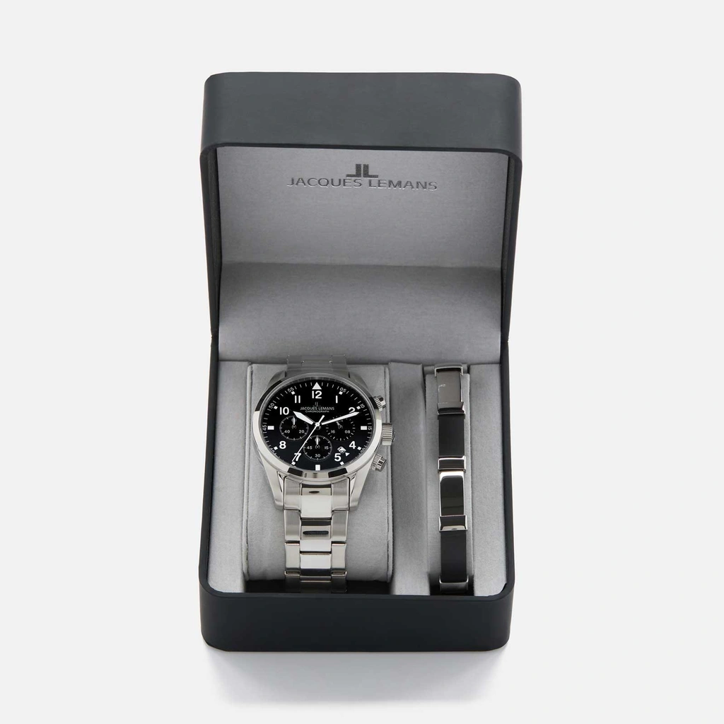 Jacques Lemans Sport - set herrklocka stål/svart, 42mm