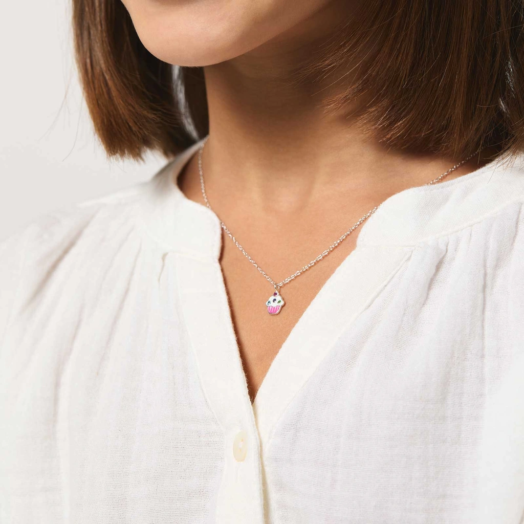 Silverhalsband för barn - cup cake, 36+2 cm