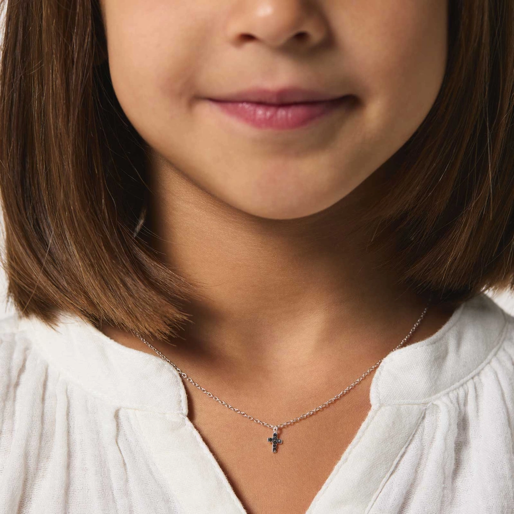 Silverhalsband för barn - svart kors, 36+2 cm