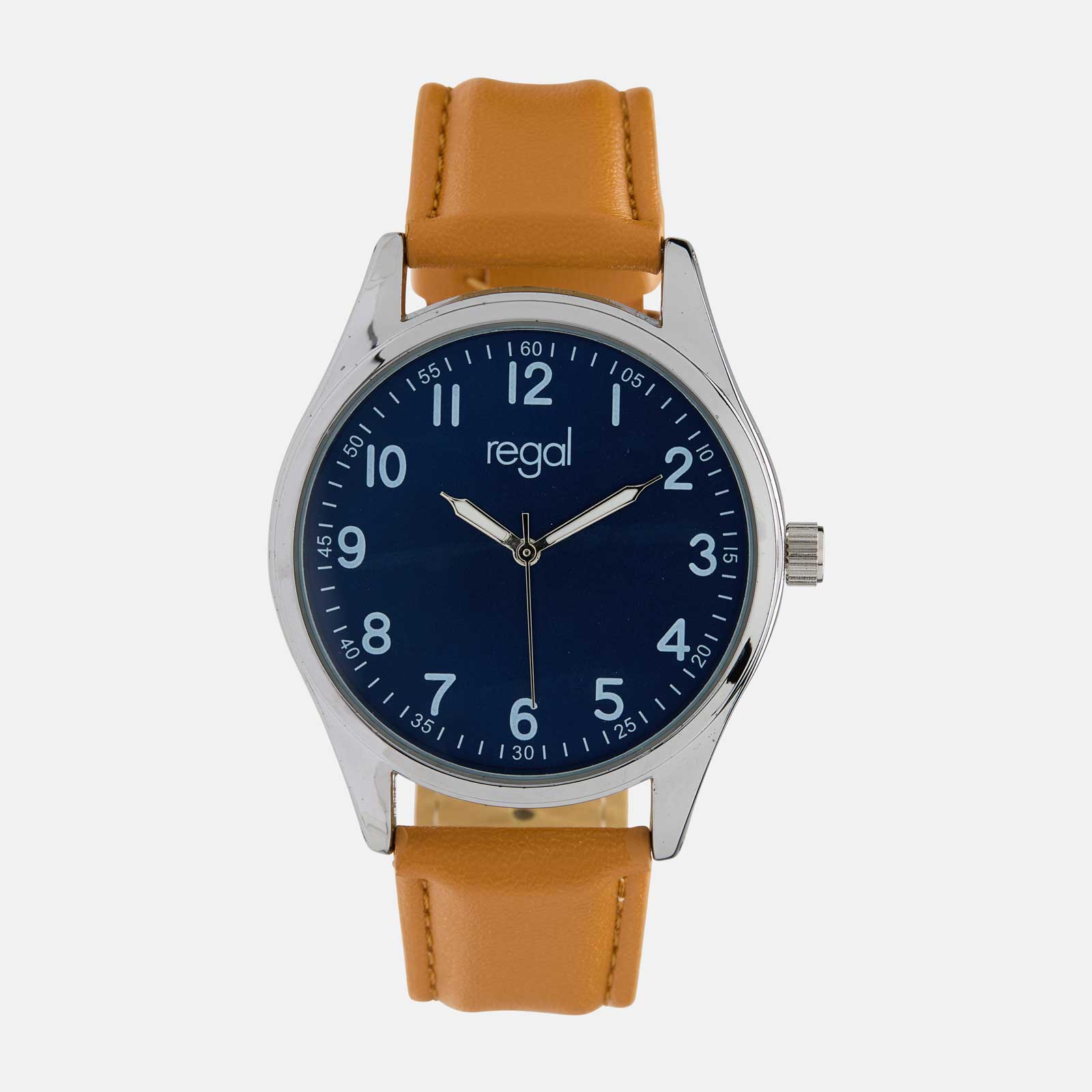 Regal herrklocka -  ljusbrunt band, silverton/blå, 40mm