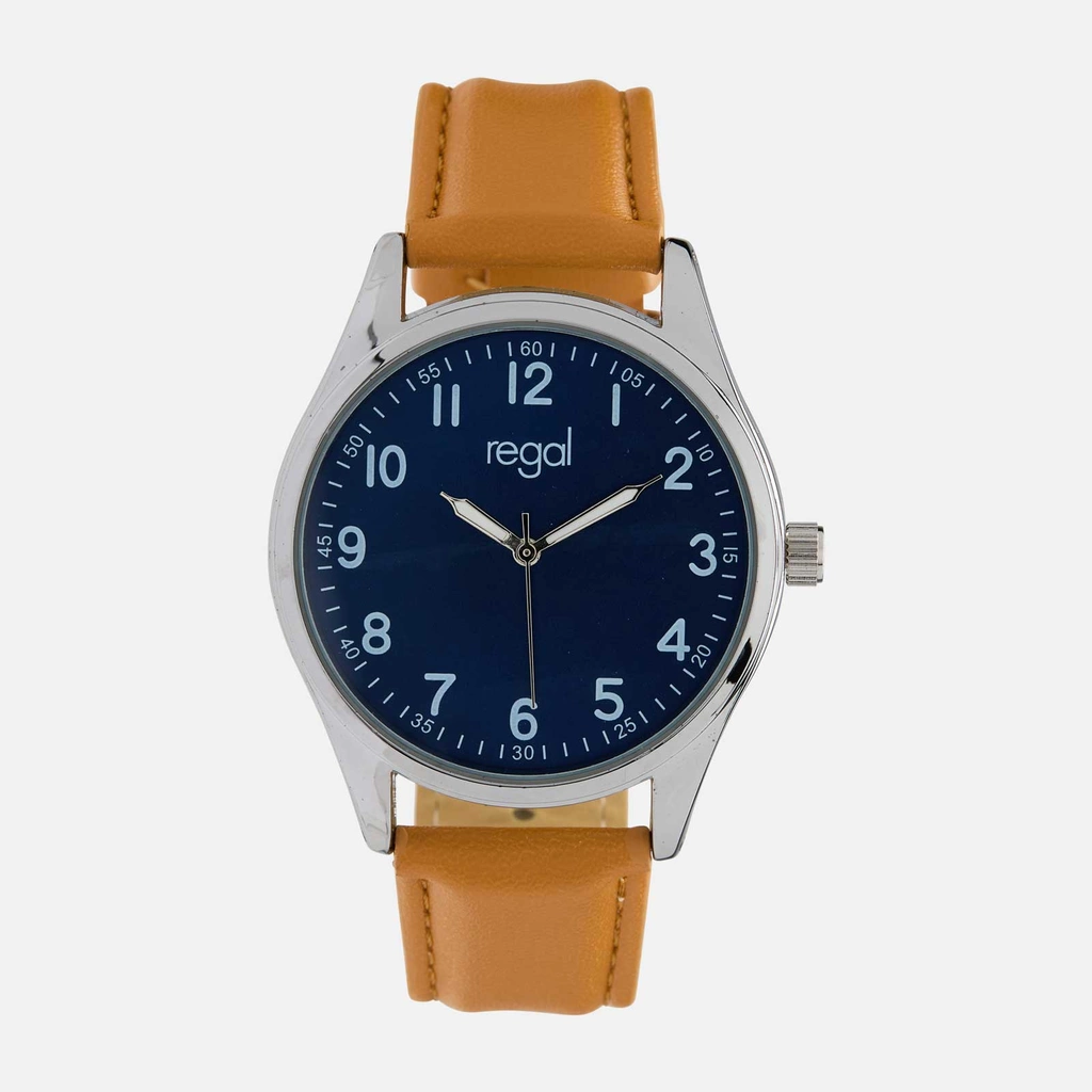Regal herrklocka -  ljusbrunt band, silverton/blå, 40mm