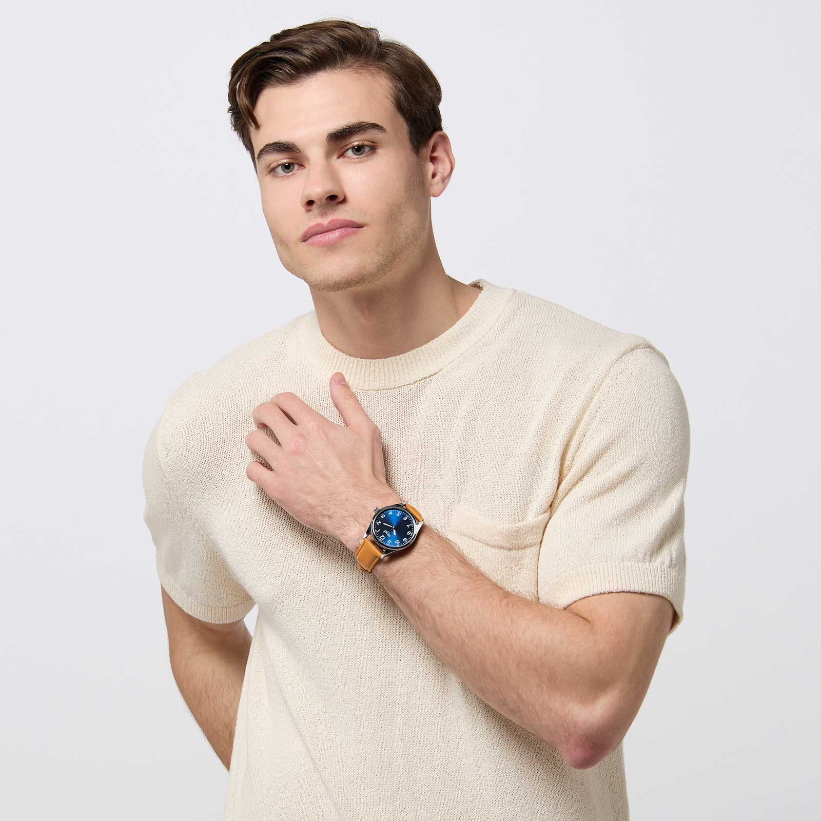 Regal herrklocka -  ljusbrunt band, silverton/blå, 40mm