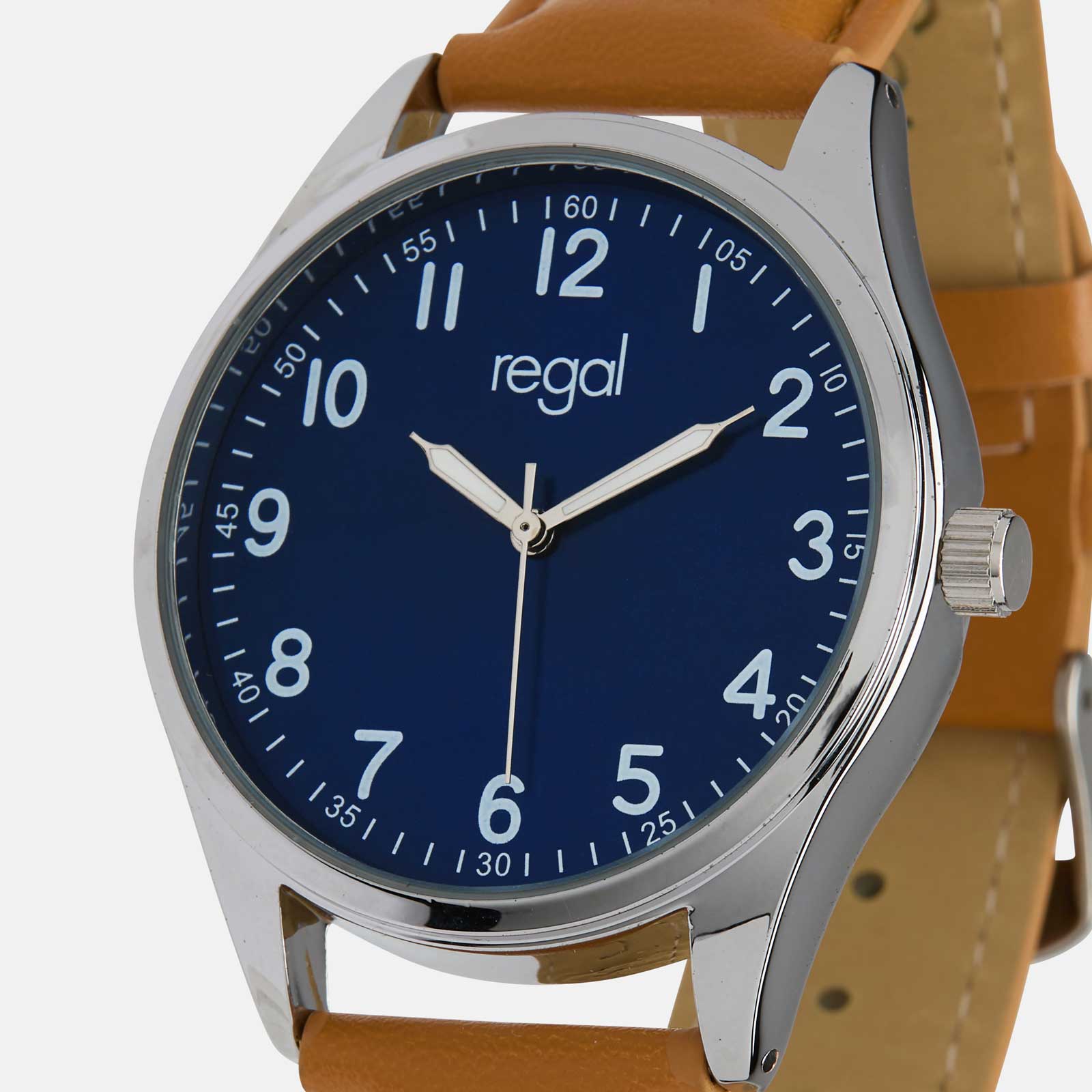 Regal herrklocka -  ljusbrunt band, silverton/blå, 40mm