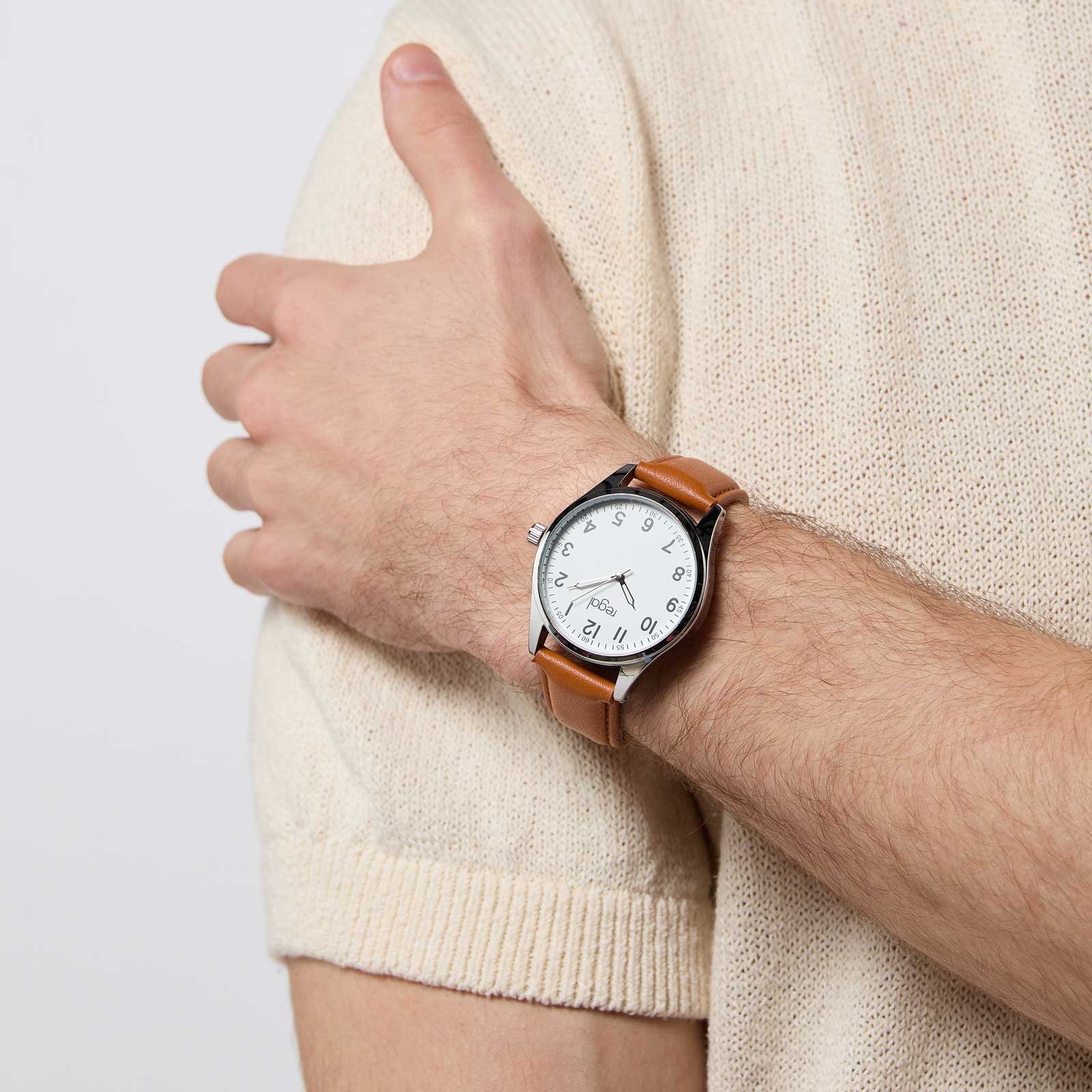 Regal herrklocka -  ljusbrunt band, silverton/vit, 40mm