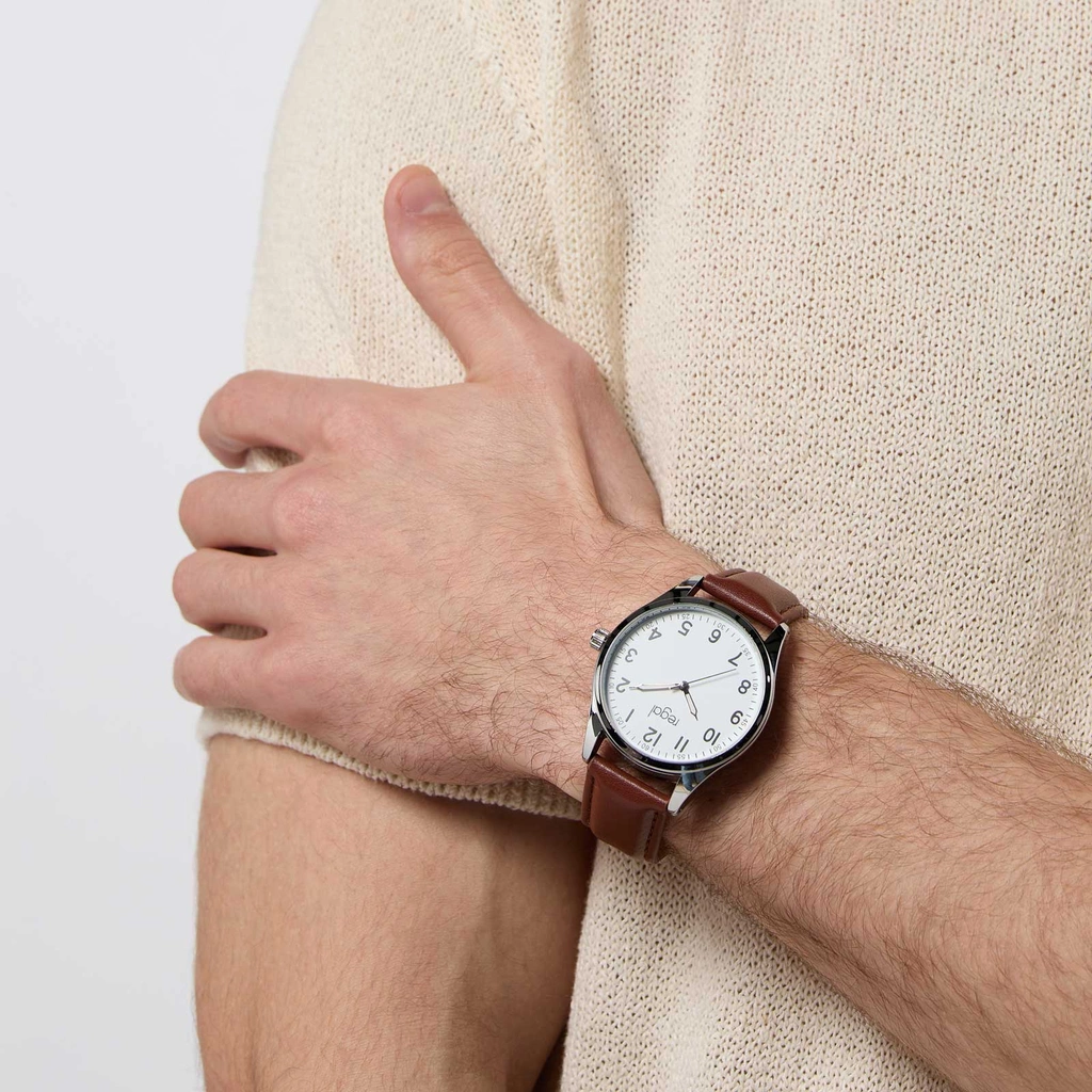 Regal herrklocka -  brunt band, silverton/vit, 40mm