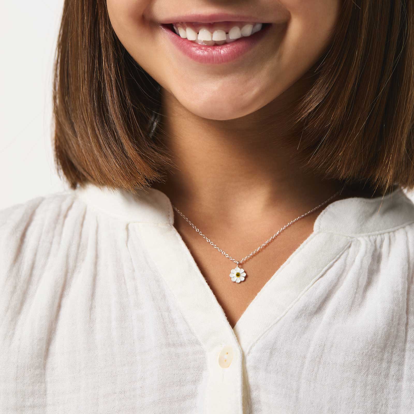 Silverhalsband för barn - vit blomma, 36+2cm